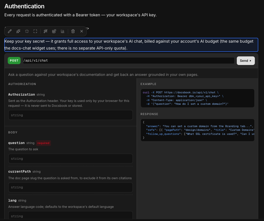 An API page on a Docsbook site