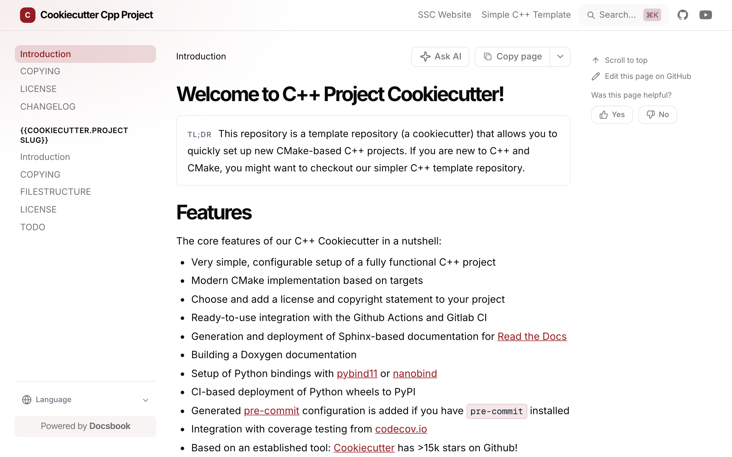 C++ Project Cookiecutter documentation built with Docsbook