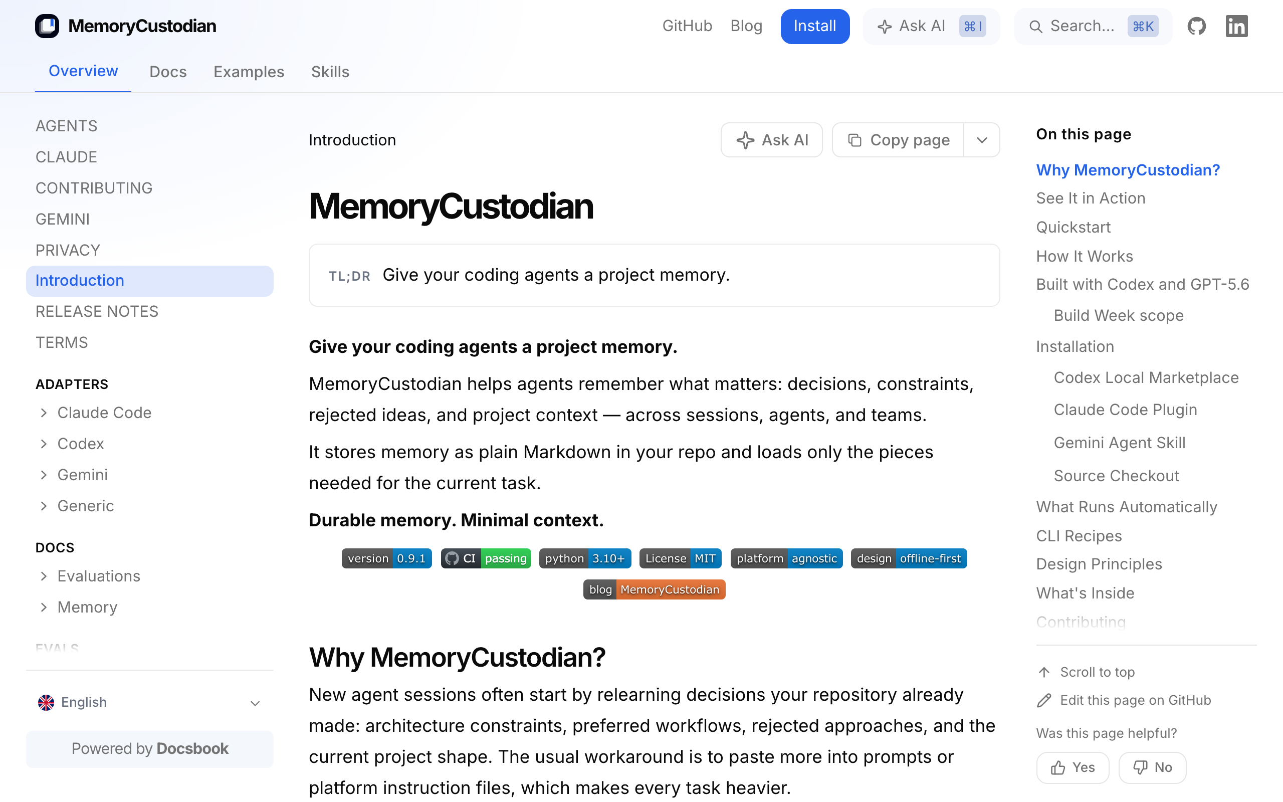 MemoryCustodian documentation built with Docsbook