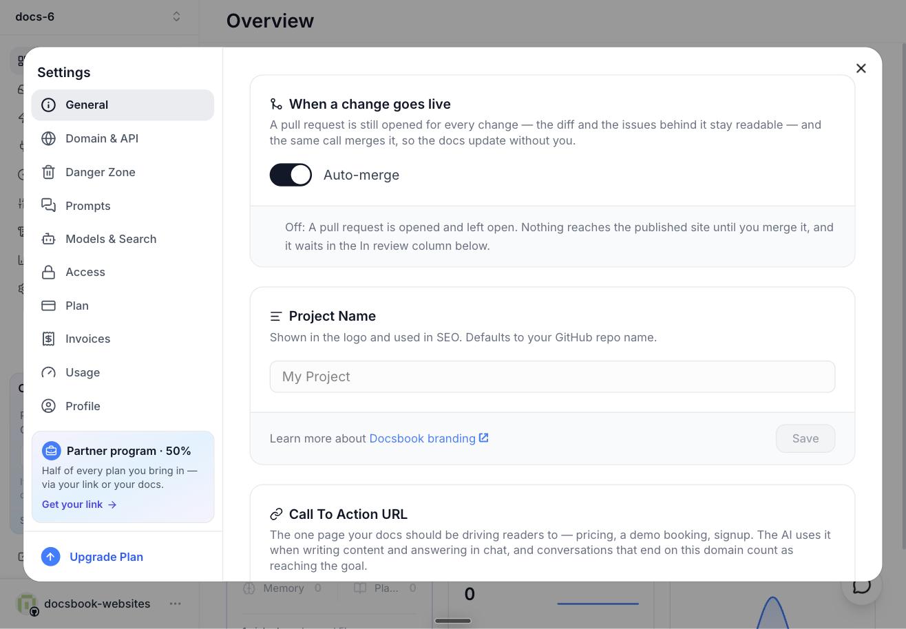 Settings, General: the When a change goes live card with the Auto-merge switch turned on