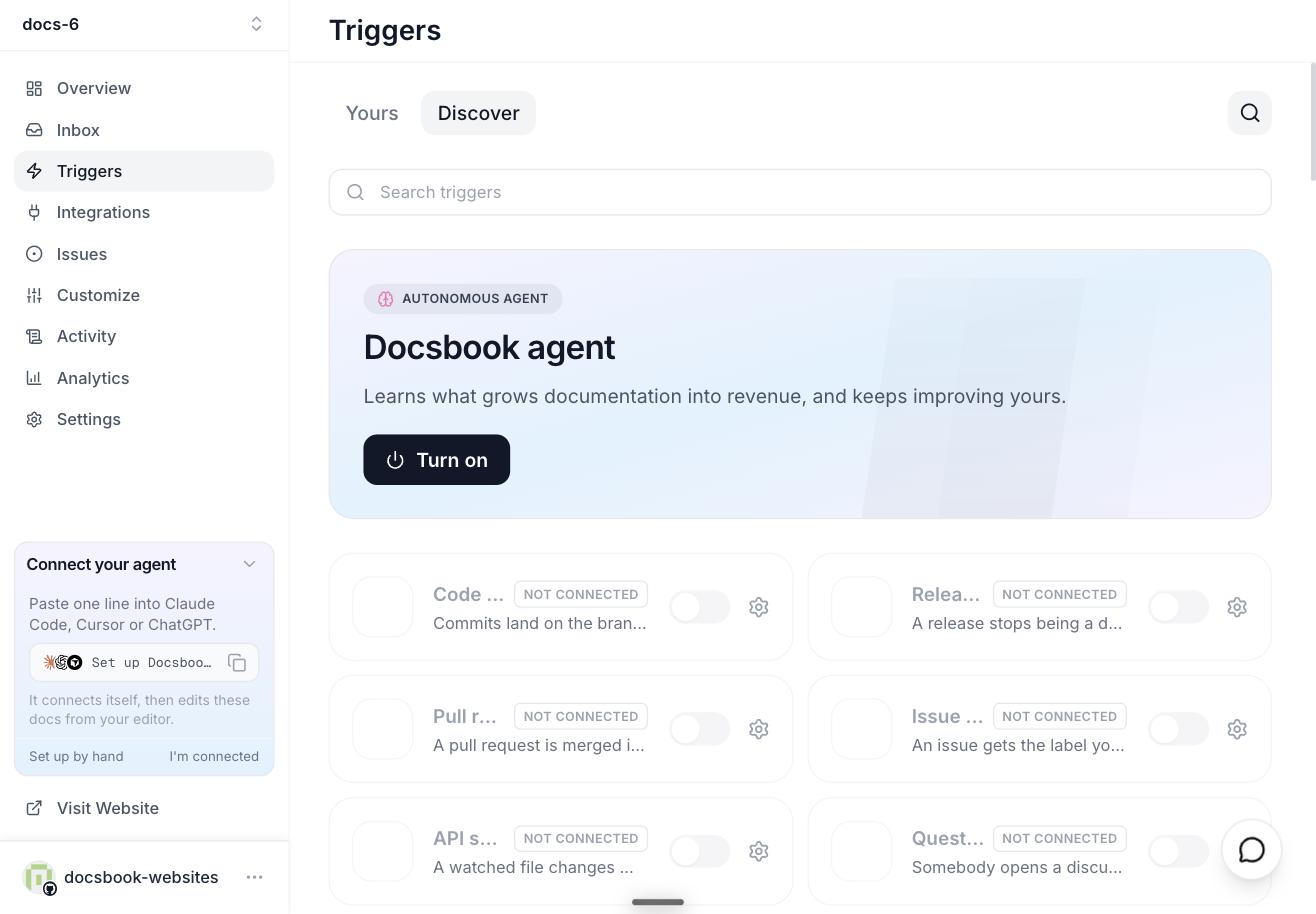 The Triggers screen: the Yours and Discover lenses, a search box, and the Docsbook agent card with its Turn on button above the grid of trigger cards